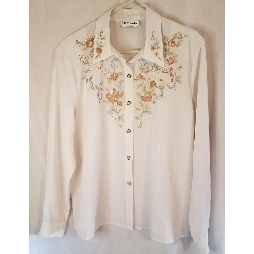 Vtg Ivory Long Sleeve Button Up Blouse Sheer Floral Embroidered XL? KC Studio‎
